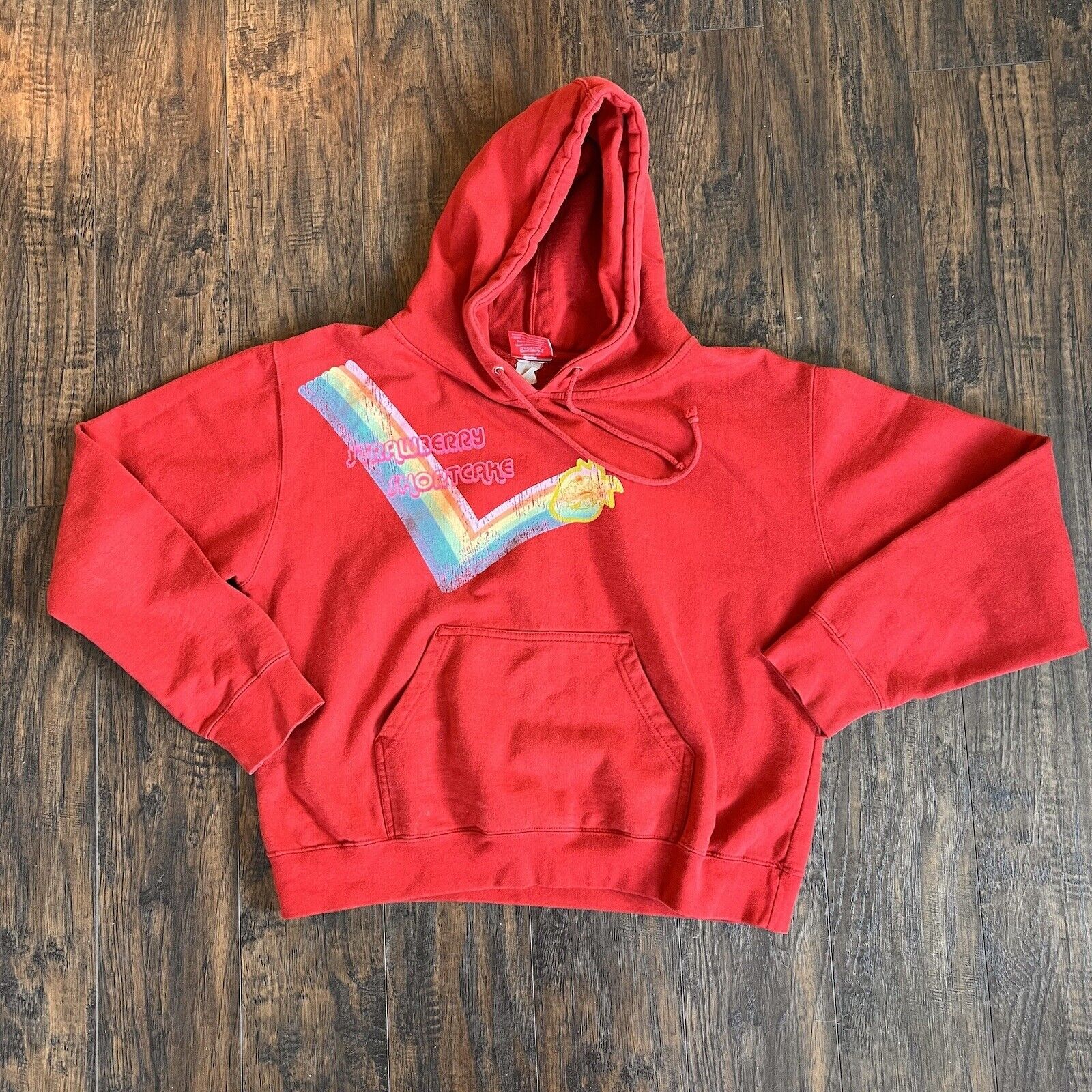 Vintage Strawberry Shortcake Hoodie Womenâs Large Red Decal Rainbow Y2k